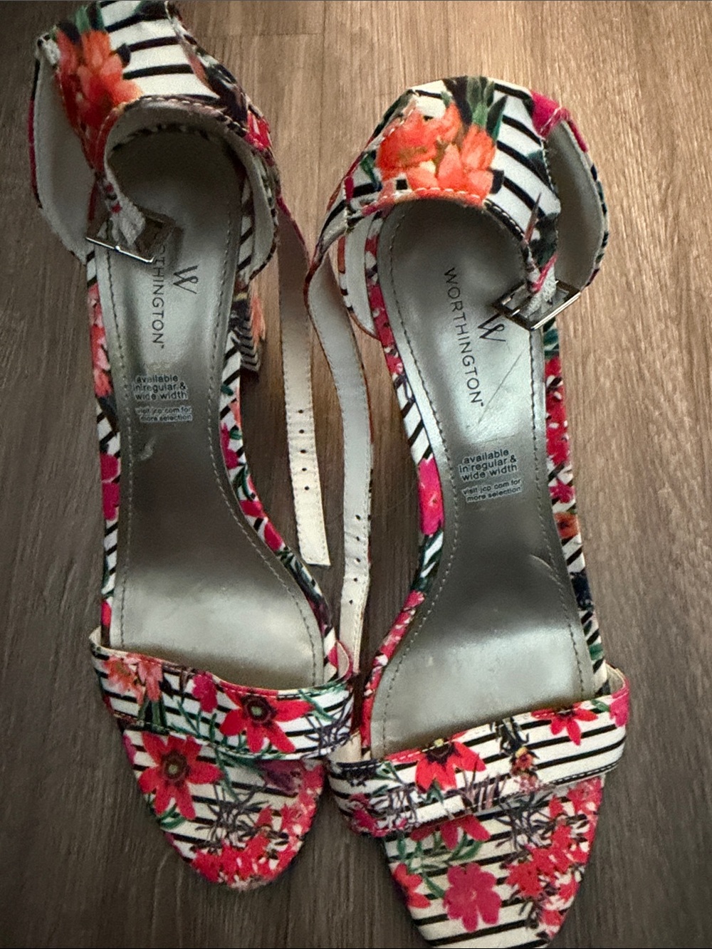 Worthington Floral & Stripe Ankle-Strap Heels in Pink and Black